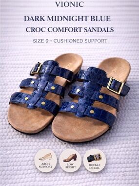 Vionic Blue Patent Croc Sandals Low Heel Comfort Slides Buckle 9